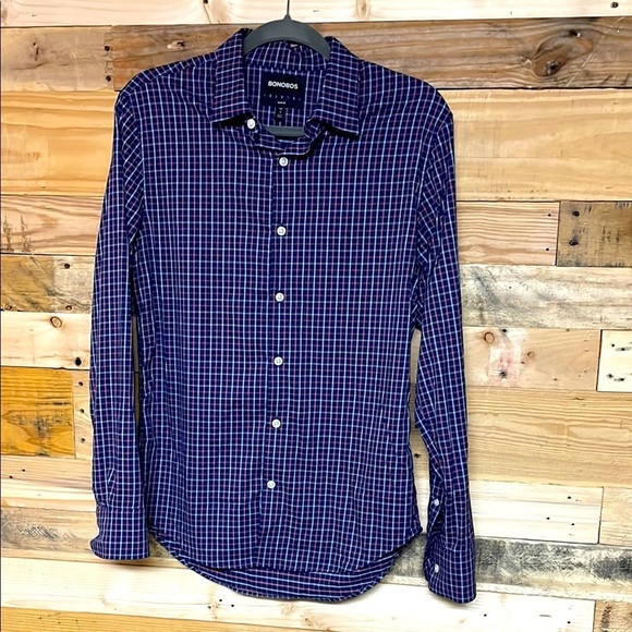 Bonobos Size Small Blue and Pink Checker Slim Fit Long Sleeve Button Down Shirt - Picture 1 of 6